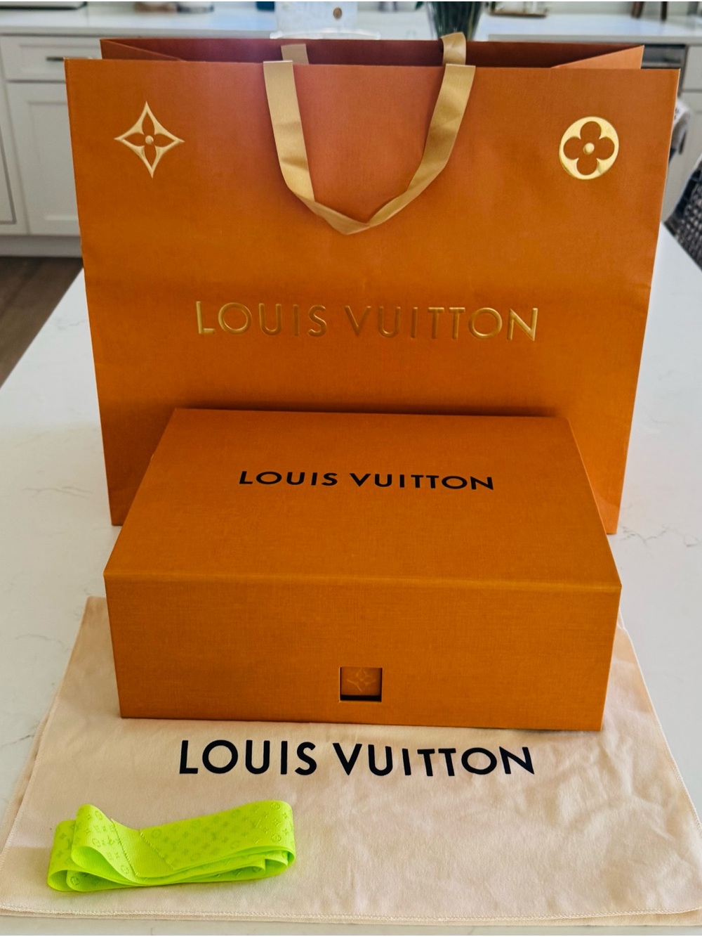 Louis Vuitton Large Orange Shopping Bag, Storage Box, Dust Bag & Logo Ribbon New